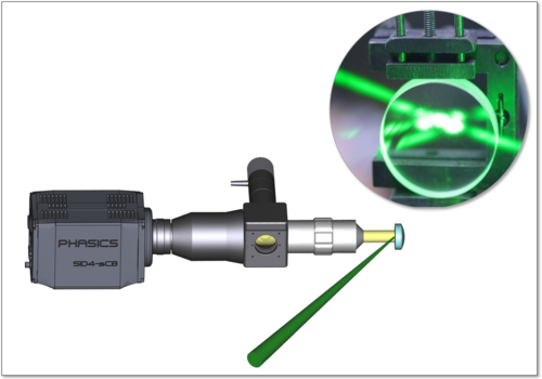 Laser induced damage threshold measurement setup with SID4-HR wavefront sensor imaging a coated surface irradiated by a laser
